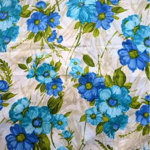 Vintage‎ 60's 70's Large Blue Floral Fabric, Synthetic Crepe-Like BTY Nice Drape